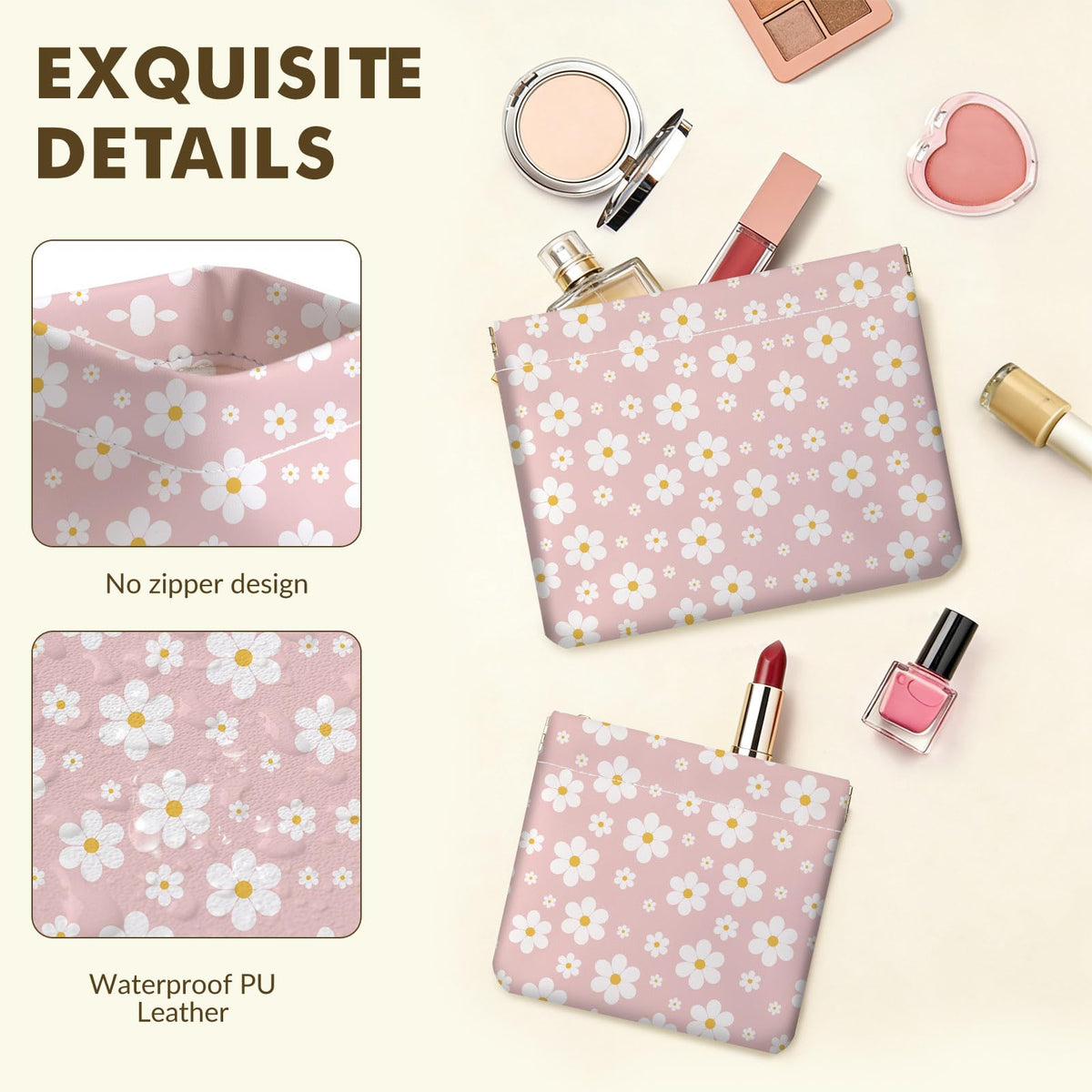 2 PCS PU Leather Small Makeup Bag Set for Purse,No Zipper Self-closing Cosmetic Bag, Portable Coin Purse Lipstick Accessories Organizer Travel Toiletry Storage Pouch for Women,pinkish-white flowers - thewildfolk 2 PCS PU Leather Small Makeup Bag Set for Purse,No Zipper Self-closing Cosmetic Bag, Portable Coin Purse Lipstick Accessories Organizer Travel Toiletry Storage Pouch for Women,pinkish-white flowers