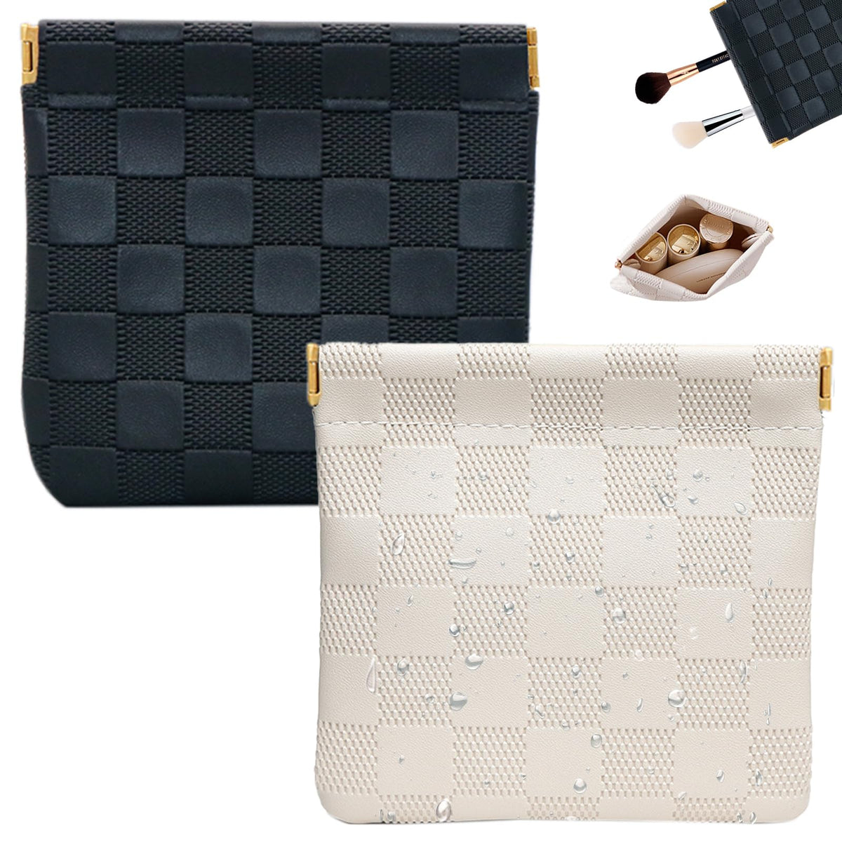 2 PCS Small Makeup Bag for Women, Small Pouches for Purse,Mini Checkered Cosmetic Bag Waterproof Pouch for Travel Storage bag, for Cosmetics Headphones Jewelry Cosmetic Lipstick Coins (Black, Beige) - thewildfolk 2 PCS Small Makeup Bag for Women, Small Pouches for Purse,Mini Checkered Cosmetic Bag Waterproof Pouch for Travel Storage bag, for Cosmetics Headphones Jewelry Cosmetic Lipstick Coins (Black, Beige)