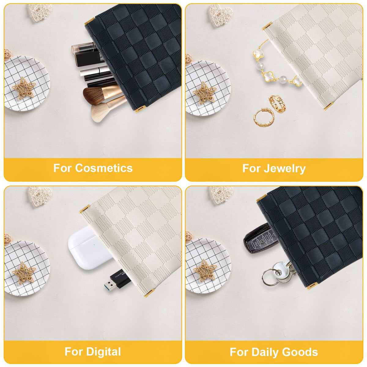 2 PCS Small Makeup Bag for Women, Small Pouches for Purse,Mini Checkered Cosmetic Bag Waterproof Pouch for Travel Storage bag, for Cosmetics Headphones Jewelry Cosmetic Lipstick Coins (Black, Beige) - thewildfolk 2 PCS Small Makeup Bag for Women, Small Pouches for Purse,Mini Checkered Cosmetic Bag Waterproof Pouch for Travel Storage bag, for Cosmetics Headphones Jewelry Cosmetic Lipstick Coins (Black, Beige)