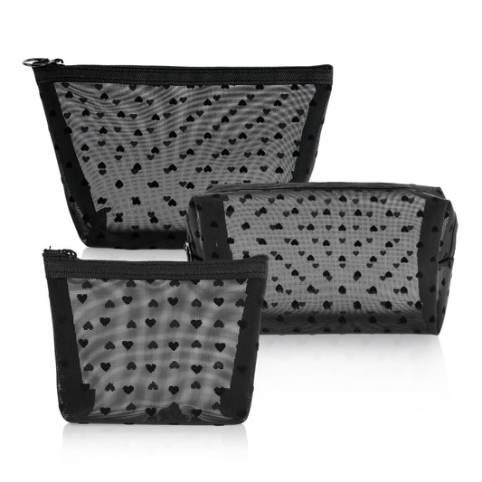 3 Pieces Mesh Makeup Bag Set, Heart Printed Clear Cosmetic Bags, Black - thewildfolk 3 Pieces Mesh Makeup Bag Set, Heart Printed Clear Cosmetic Bags, Black