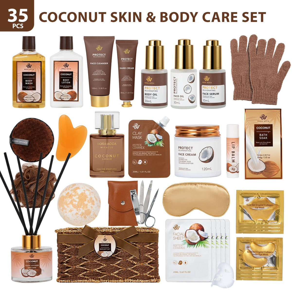 35 Pcs Coconut Vanilla Spa Gift Basket for Women & Men, Face Skin Care Set - thewildfolk 35 Pcs Coconut Vanilla Spa Gift Basket for Women & Men, Face Skin Care Set