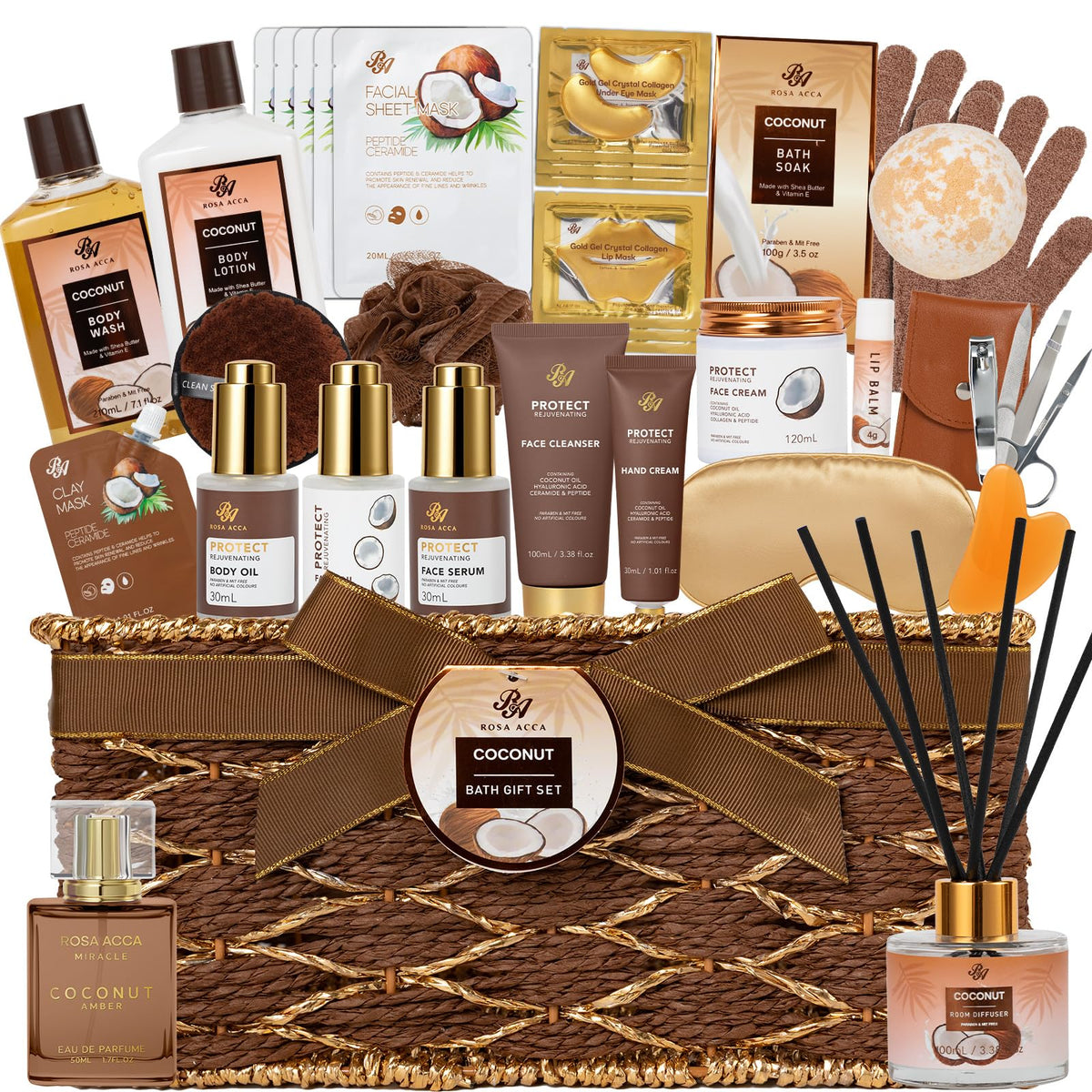 35 Pcs Coconut Vanilla Spa Gift Basket for Women & Men, Face Skin Care Set - thewildfolk 35 Pcs Coconut Vanilla Spa Gift Basket for Women & Men, Face Skin Care Set