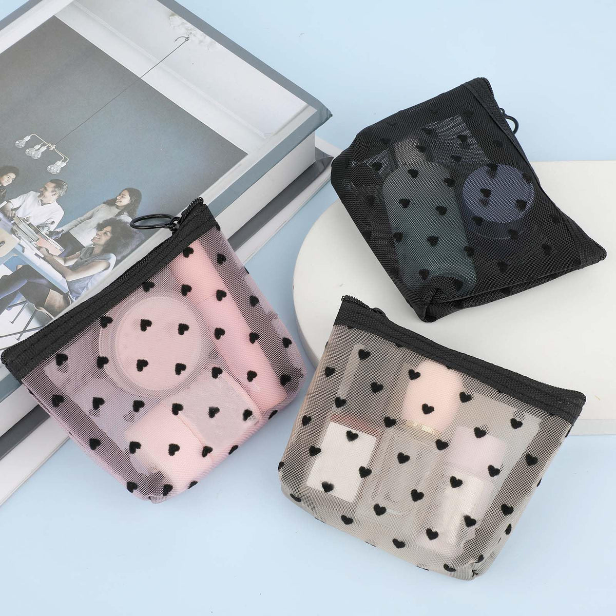 3Pcs Mini Cosmetic Bags, Heart Print Mesh Zipper Bags, Lipstick Accessories Organizer, Makeup Bag for Women, Small Purse Bag, 3 Colors - thewildfolk 3Pcs Mini Cosmetic Bags, Heart Print Mesh Zipper Bags, Lipstick Accessories Organizer, Makeup Bag for Women, Small Purse Bag, 3 Colors