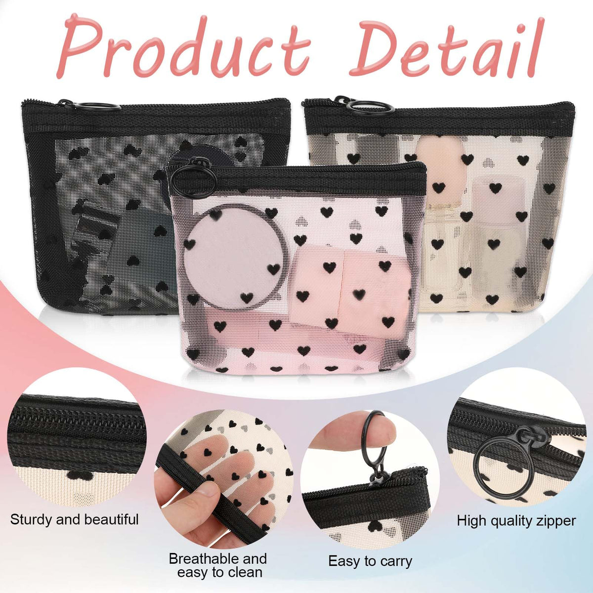 3Pcs Mini Cosmetic Bags, Heart Print Mesh Zipper Bags, Lipstick Accessories Organizer, Makeup Bag for Women, Small Purse Bag, 3 Colors - thewildfolk 3Pcs Mini Cosmetic Bags, Heart Print Mesh Zipper Bags, Lipstick Accessories Organizer, Makeup Bag for Women, Small Purse Bag, 3 Colors