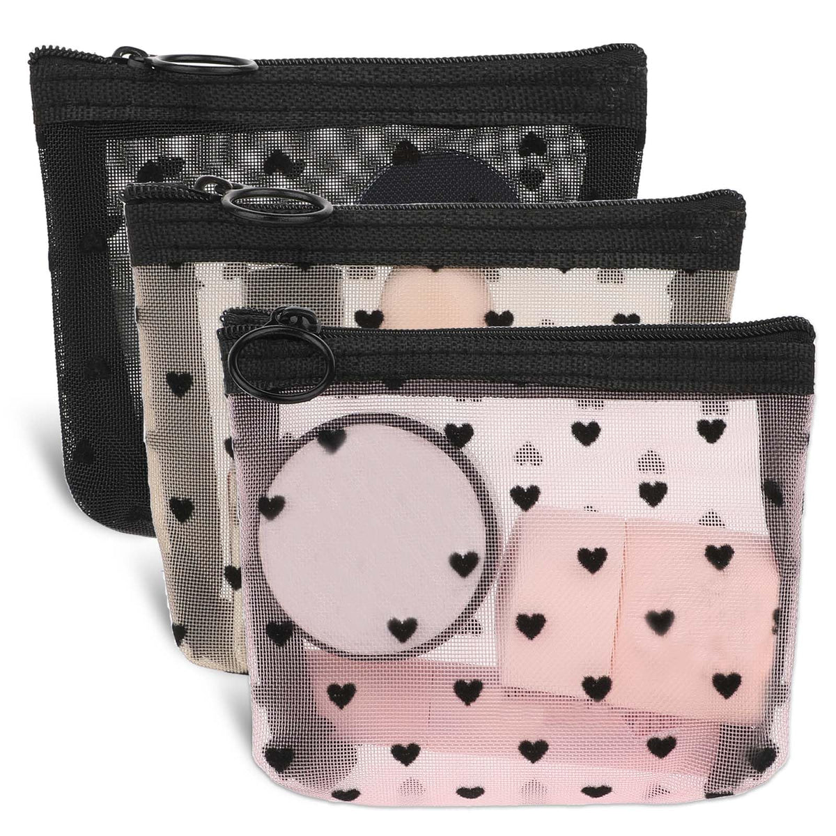 3Pcs Mini Cosmetic Bags, Heart Print Mesh Zipper Bags, Lipstick Accessories Organizer, Makeup Bag for Women, Small Purse Bag, 3 Colors - thewildfolk 3Pcs Mini Cosmetic Bags, Heart Print Mesh Zipper Bags, Lipstick Accessories Organizer, Makeup Bag for Women, Small Purse Bag, 3 Colors