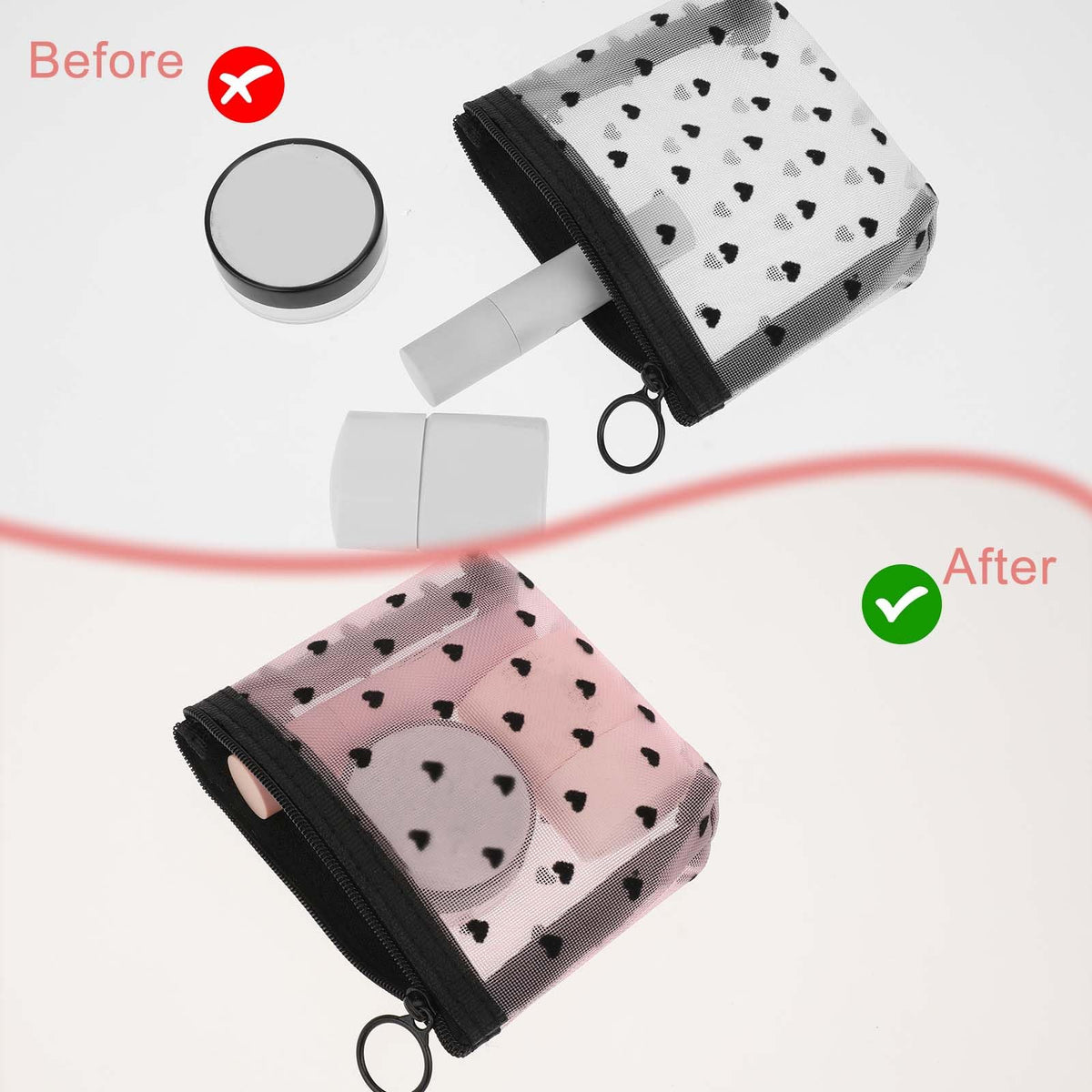 3Pcs Mini Cosmetic Bags, Heart Print Mesh Zipper Bags, Lipstick Accessories Organizer, Makeup Bag for Women, Small Purse Bag, 3 Colors - thewildfolk 3Pcs Mini Cosmetic Bags, Heart Print Mesh Zipper Bags, Lipstick Accessories Organizer, Makeup Bag for Women, Small Purse Bag, 3 Colors