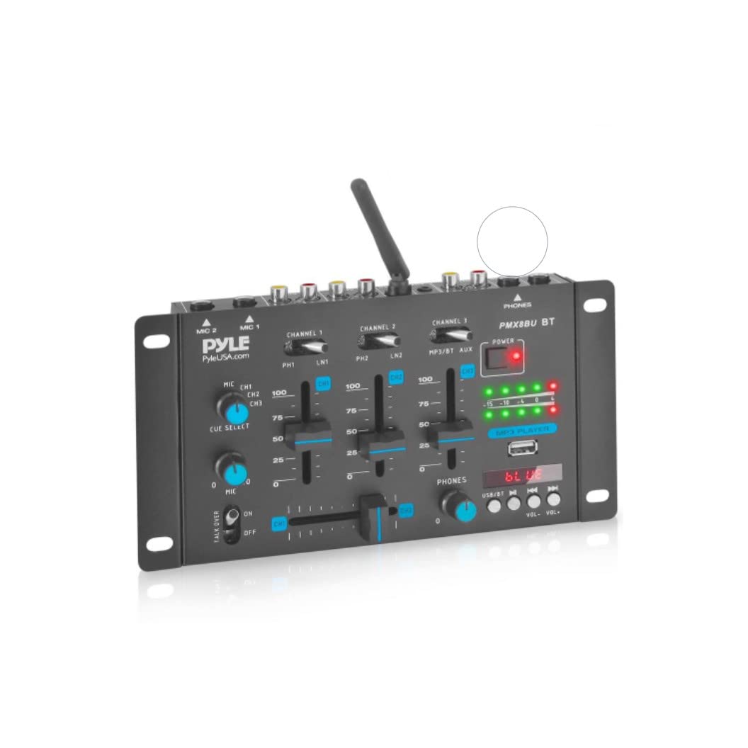 Pyle 3-Channel Professional DJ Mixer w/ Bluetooth - Dual Balanced Mic Inputs w/ Talkover, USB-A MP3 Player, Phono/Line In, CUE Monitor, Crossfader, LED Display for Mobile DJ, Karaoke, Events - PMX8BU