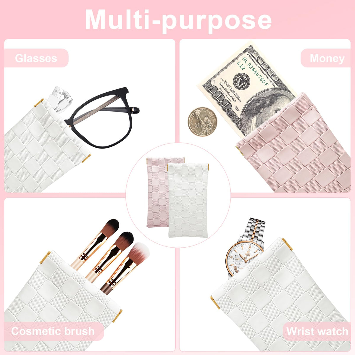 4PCS Small Makeup Bag for Purse, Mini Leather Pocket Cosmetic Bag for Women, Waterproof Portable Makeup Pouch No Zipper Coin Purse Lipstick Bag Accessories, Checkered Travel Storage Bag(White, Pink) - thewildfolk 4PCS Small Makeup Bag for Purse, Mini Leather Pocket Cosmetic Bag for Women, Waterproof Portable Makeup Pouch No Zipper Coin Purse Lipstick Bag Accessories, Checkered Travel Storage Bag(White, Pink)