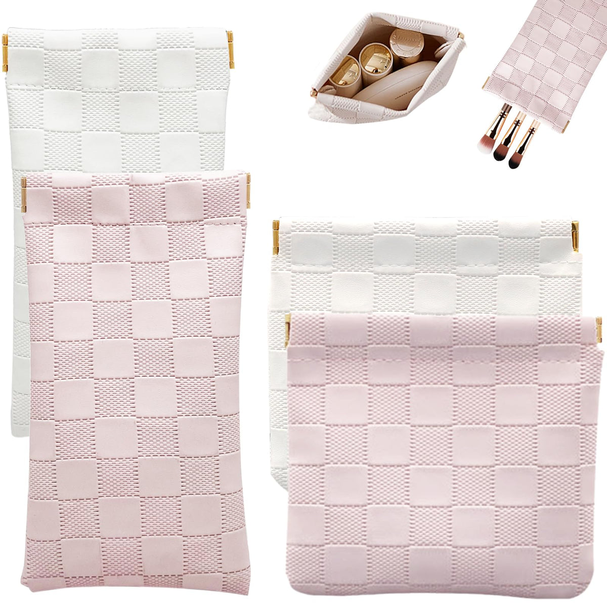 4PCS Small Makeup Bag for Purse, Mini Leather Pocket Cosmetic Bag for Women, Waterproof Portable Makeup Pouch No Zipper Coin Purse Lipstick Bag Accessories, Checkered Travel Storage Bag(White, Pink) - thewildfolk 4PCS Small Makeup Bag for Purse, Mini Leather Pocket Cosmetic Bag for Women, Waterproof Portable Makeup Pouch No Zipper Coin Purse Lipstick Bag Accessories, Checkered Travel Storage Bag(White, Pink)