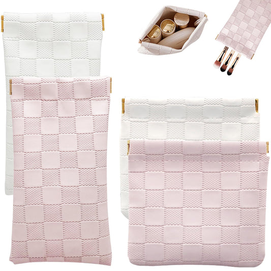 4PCS Small Makeup Bag for Purse, Mini Leather Pocket Cosmetic Bag for Women, Waterproof Portable Makeup Pouch No Zipper Coin Purse Lipstick Bag Accessories, Checkered Travel Storage Bag(White, Pink) - thewildfolk 4PCS Small Makeup Bag for Purse, Mini Leather Pocket Cosmetic Bag for Women, Waterproof Portable Makeup Pouch No Zipper Coin Purse Lipstick Bag Accessories, Checkered Travel Storage Bag(White, Pink)