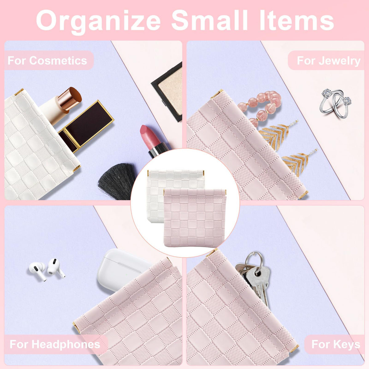 4PCS Small Makeup Bag for Purse, Mini Leather Pocket Cosmetic Bag for Women, Waterproof Portable Makeup Pouch No Zipper Coin Purse Lipstick Bag Accessories, Checkered Travel Storage Bag(White, Pink) - thewildfolk 4PCS Small Makeup Bag for Purse, Mini Leather Pocket Cosmetic Bag for Women, Waterproof Portable Makeup Pouch No Zipper Coin Purse Lipstick Bag Accessories, Checkered Travel Storage Bag(White, Pink)