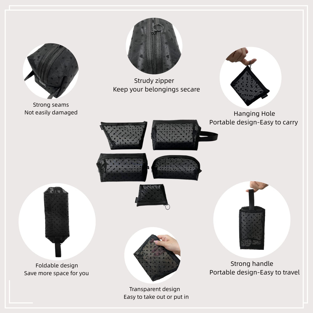 5 Pieces Heart Printed Mesh Makeup Bag Set, Portable Travel Mesh Cosmetic Bags Toiletry Bags Makeup Purse Bags with Zipper Storage Pouches for Home Offices Travel Accessories (Black) - thewildfolk 5 Pieces Heart Printed Mesh Makeup Bag Set, Portable Travel Mesh Cosmetic Bags Toiletry Bags Makeup Purse Bags with Zipper Storage Pouches for Home Offices Travel Accessories (Black)