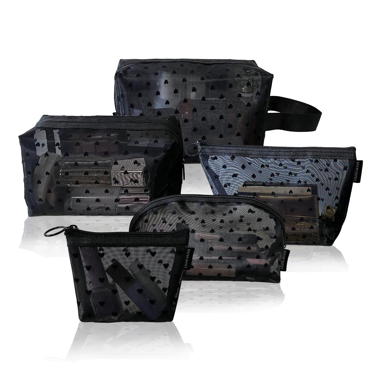 5 Pieces Heart Printed Mesh Makeup Bag Set, Portable Travel Mesh Cosmetic Bags Toiletry Bags Makeup Purse Bags with Zipper Storage Pouches for Home Offices Travel Accessories (Black) - thewildfolk 5 Pieces Heart Printed Mesh Makeup Bag Set, Portable Travel Mesh Cosmetic Bags Toiletry Bags Makeup Purse Bags with Zipper Storage Pouches for Home Offices Travel Accessories (Black)