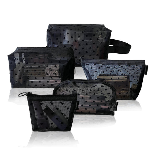 5 Pieces Heart Printed Mesh Makeup Bag Set, Portable Travel Mesh Cosmetic Bags Toiletry Bags Makeup Purse Bags with Zipper Storage Pouches for Home Offices Travel Accessories (Black) - thewildfolk 5 Pieces Heart Printed Mesh Makeup Bag Set, Portable Travel Mesh Cosmetic Bags Toiletry Bags Makeup Purse Bags with Zipper Storage Pouches for Home Offices Travel Accessories (Black)