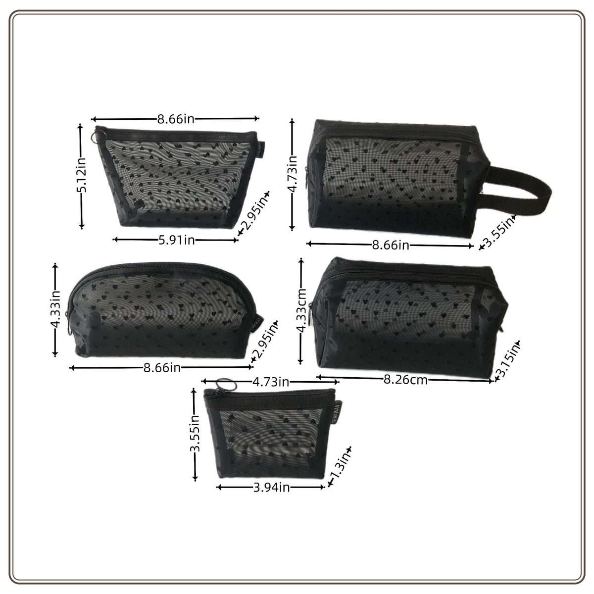 5 Pieces Heart Printed Mesh Makeup Bag Set, Portable Travel Mesh Cosmetic Bags Toiletry Bags Makeup Purse Bags with Zipper Storage Pouches for Home Offices Travel Accessories (Black) - thewildfolk 5 Pieces Heart Printed Mesh Makeup Bag Set, Portable Travel Mesh Cosmetic Bags Toiletry Bags Makeup Purse Bags with Zipper Storage Pouches for Home Offices Travel Accessories (Black)