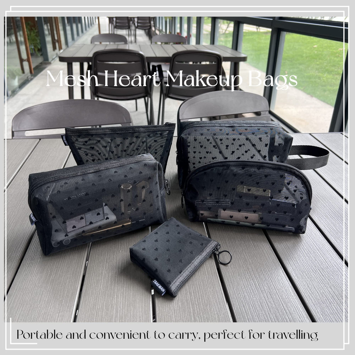5 Pieces Heart Printed Mesh Makeup Bag Set, Portable Travel Mesh Cosmetic Bags Toiletry Bags Makeup Purse Bags with Zipper Storage Pouches for Home Offices Travel Accessories (Black) - thewildfolk 5 Pieces Heart Printed Mesh Makeup Bag Set, Portable Travel Mesh Cosmetic Bags Toiletry Bags Makeup Purse Bags with Zipper Storage Pouches for Home Offices Travel Accessories (Black)