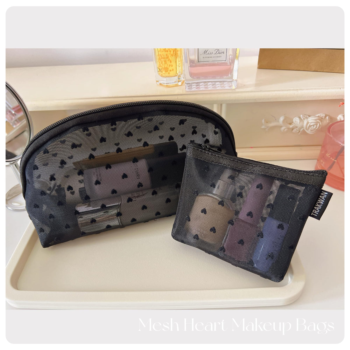 5 Pieces Heart Printed Mesh Makeup Bag Set, Portable Travel Mesh Cosmetic Bags Toiletry Bags Makeup Purse Bags with Zipper Storage Pouches for Home Offices Travel Accessories (Black) - thewildfolk 5 Pieces Heart Printed Mesh Makeup Bag Set, Portable Travel Mesh Cosmetic Bags Toiletry Bags Makeup Purse Bags with Zipper Storage Pouches for Home Offices Travel Accessories (Black)