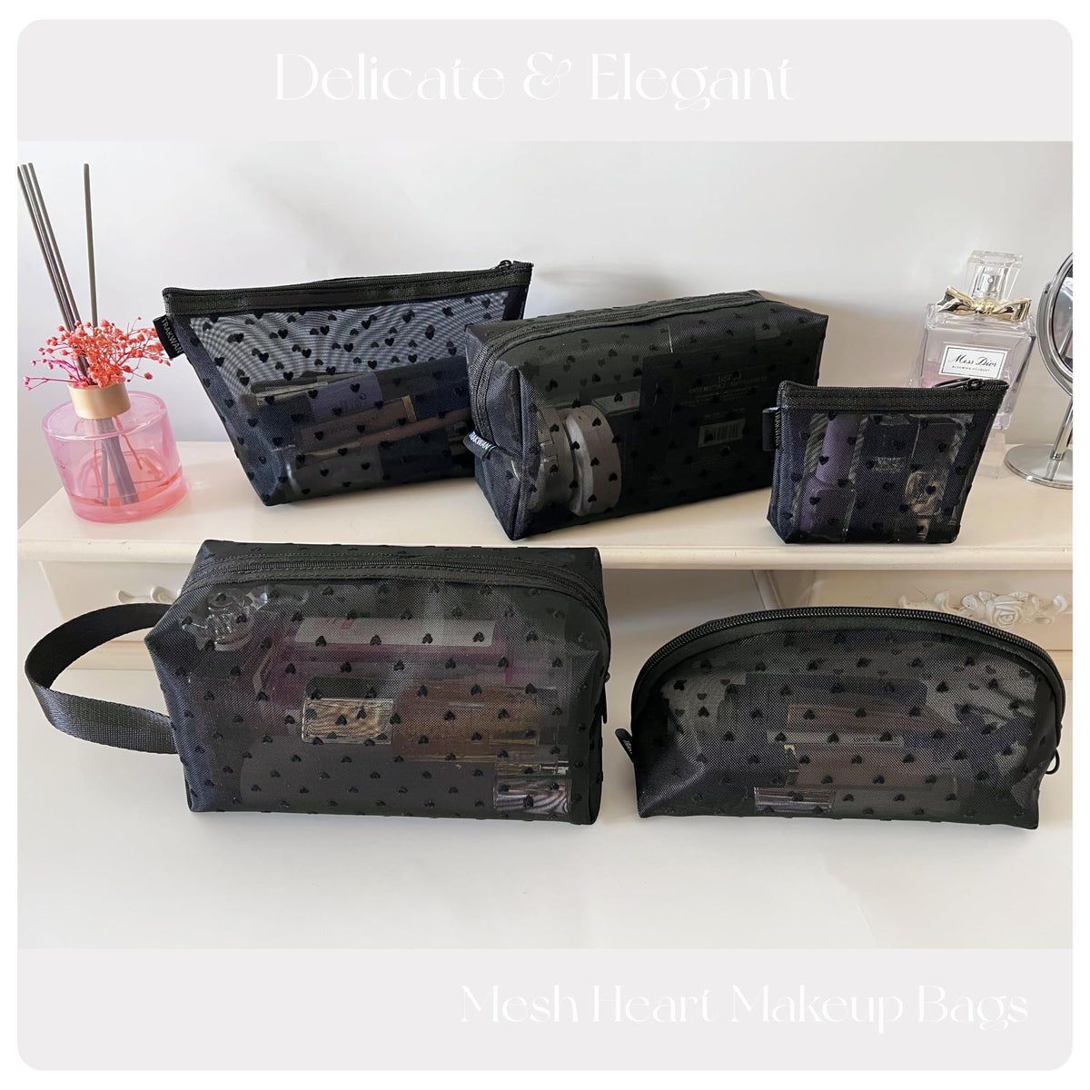 5 Pieces Heart Printed Mesh Makeup Bag Set, Portable Travel Mesh Cosmetic Bags Toiletry Bags Makeup Purse Bags with Zipper Storage Pouches for Home Offices Travel Accessories (Black) - thewildfolk 5 Pieces Heart Printed Mesh Makeup Bag Set, Portable Travel Mesh Cosmetic Bags Toiletry Bags Makeup Purse Bags with Zipper Storage Pouches for Home Offices Travel Accessories (Black)