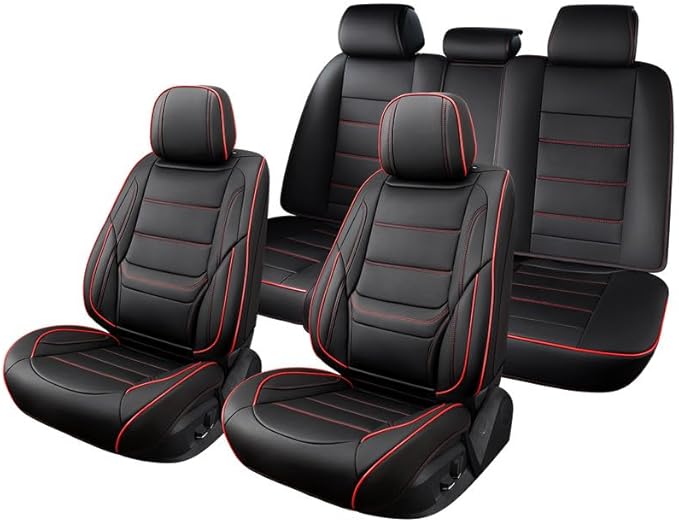 Car Seat Covers Full Set Custom Fit for Ford Taurus 1999-2018-Luxury Leather with Lumbar Support, Breathable, Waterproof, Anti-Slip, Durable, Easy to Install (Black&Red,Full Set)