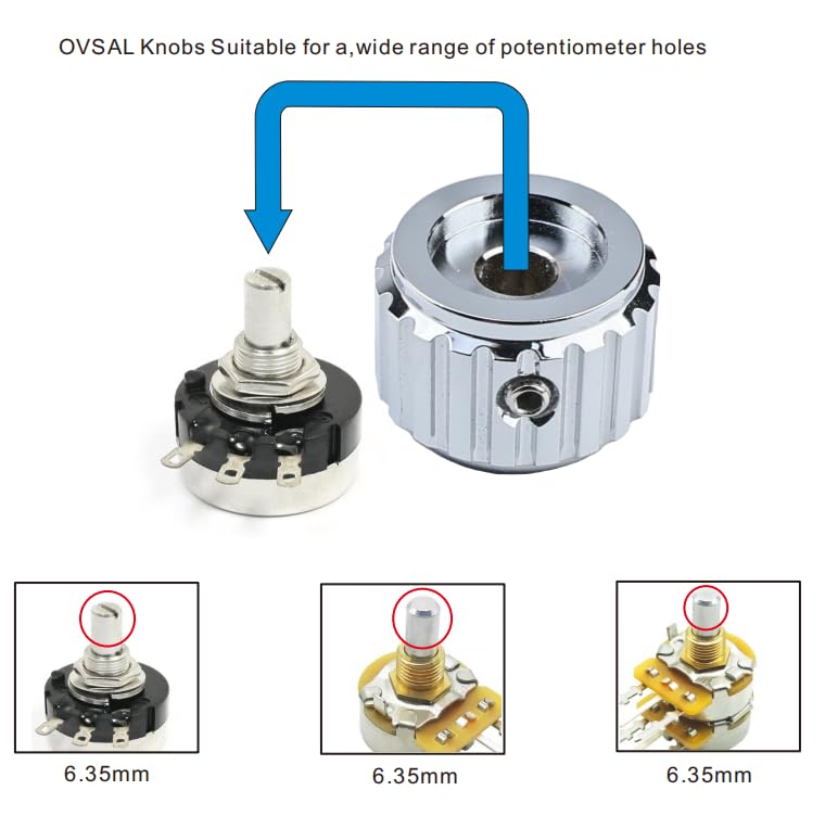 OVSAL 2Pcs Aluminum Alloy Electric Bass Guitar Knobs 6.5mm（1/4"） Potentiometer Shaft Flat Top Speed Control Metal Volume Tone Knobs for Electric Bass Guitar Replacement (Chrome -Wood Grain Top)