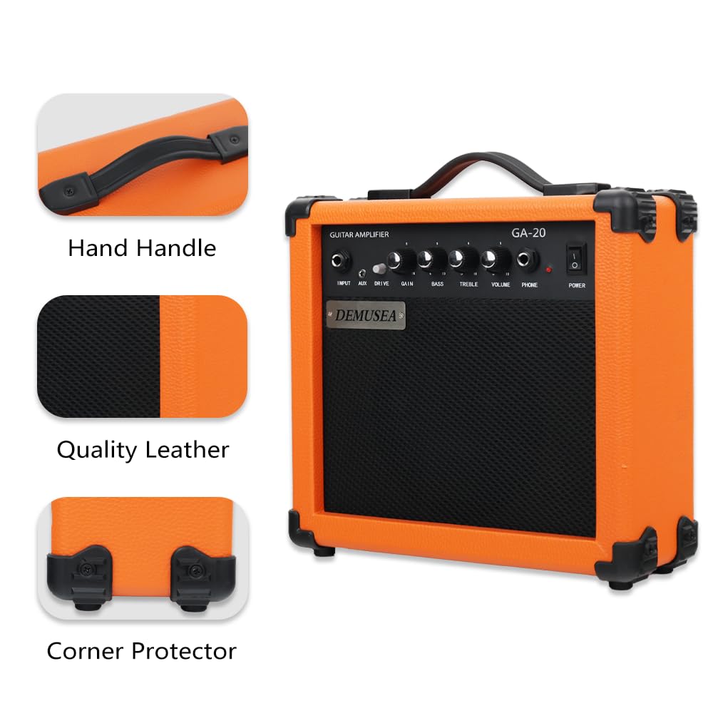 Demusea Electric Guitar Amplifier 20w Guitar amp Orange Color Portable Travel amp Drive gain bass Treble Volume Headphone for Beginner Practice 3m noiseless Cable Pick Adapter Earphone aux Cable in