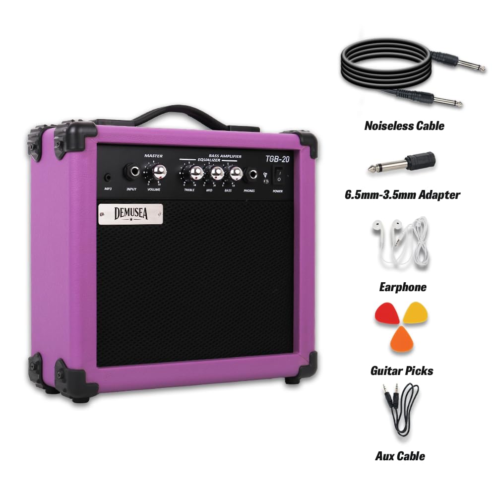 Demusea Electric Bass Guitar Amplifier Purple Color 20W Portable Beginner StarterPractice Amp 3.5Mp3 Volume Treble Middle Bass Headphone Jack Home and Outside (Purple Bass)
