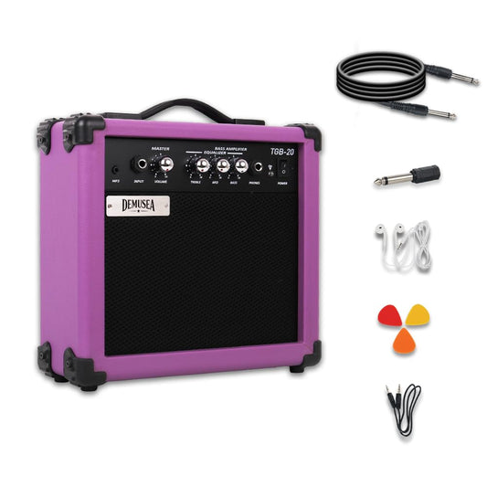 Demusea Electric Bass Guitar Amplifier Purple Color 20W Portable Beginner StarterPractice Amp 3.5Mp3 Volume Treble Middle Bass Headphone Jack Home and Outside (Purple Bass)