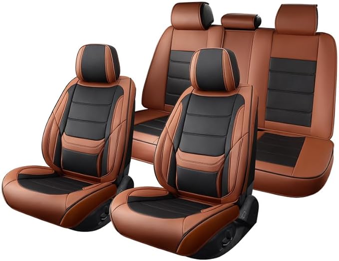 Car Seat Covers Full Set Custom Fit for Mercury Grand Marquis 1995-2011-Luxury Leather with Lumbar Support, Breathable, Waterproof, Anti-Slip, Durable, Easy to Install (BlackBrown,Full Set)