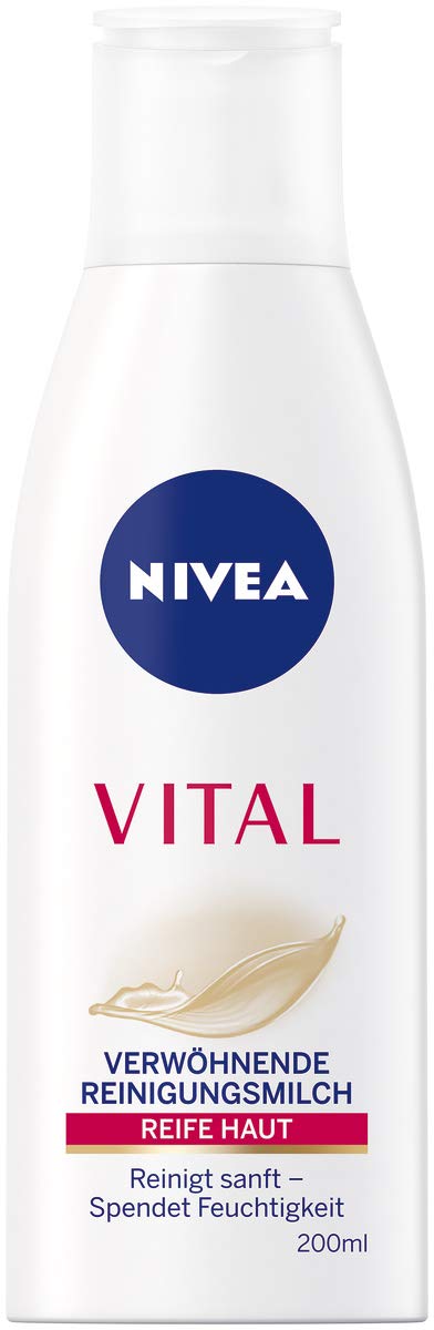 NIVEA VITAL Pampering Cleansing Milk for Mature Skin 6.76 fl oz (200 ml), German Import Gentle Daily Facial Cleanser, Makeup Remover Lotion with Grape Seed Oil for Face and Neck