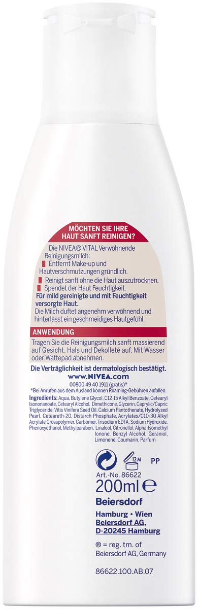 NIVEA VITAL Pampering Cleansing Milk for Mature Skin 6.76 fl oz (200 ml), German Import Gentle Daily Facial Cleanser, Makeup Remover Lotion with Grape Seed Oil for Face and Neck