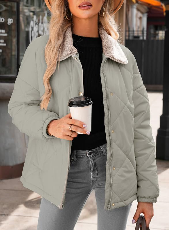 Dokotoo Womens Winter Quilted Jackets for Women 2026 Trendy Warm Puffer Padded Long Sleeve Quilted Outerwear Jacket Casual Thicken Winter Coats with Pockets Grey Large
