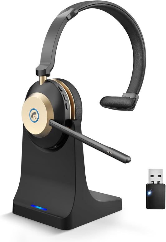 V5.3 Wireless Headset with Mic for Work, 45Hrs Computer Headset with Microphone, Bluetooth Headphones with Noise Cancelling Mic, Charging Base, USB Dongle & Mute Button for PC, Skype, Zoom