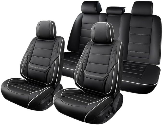 Car Seat Covers Full Set Custom Fit for Ford Focus 2000-2018-Luxury Leather with Lumbar Support, Breathable, Waterproof, Anti-Slip, Durable, Easy to Install (Black&White,Full Set)