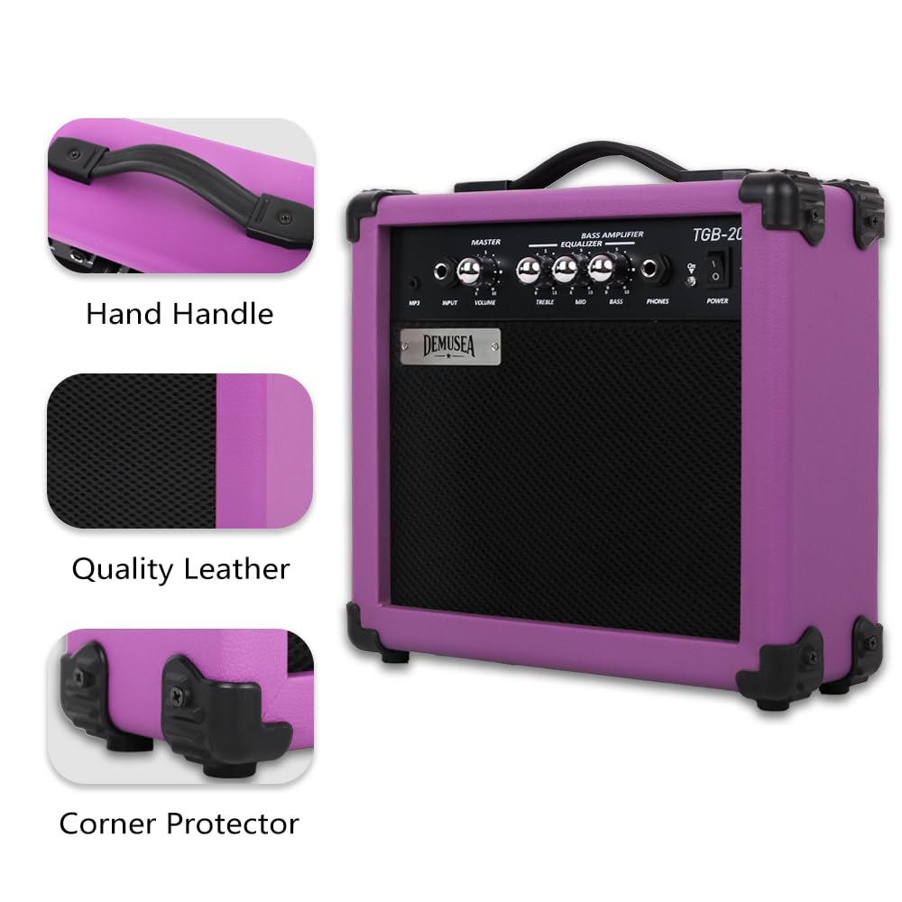 Demusea Electric Bass Guitar Amplifier Purple Color 20W Portable Beginner StarterPractice Amp 3.5Mp3 Volume Treble Middle Bass Headphone Jack Home and Outside (Purple Bass)