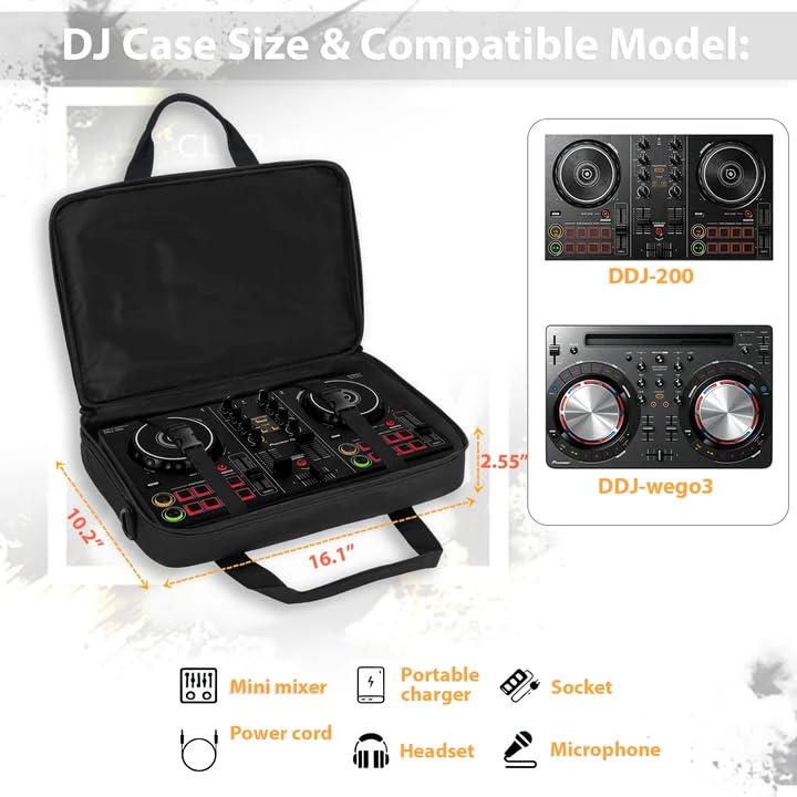 ITHWIU DJ Carrying Case Fits DDJ 200, ddj-wego3, AKAI MK3, Native Maschine Mikro Mk3, Hercules DJ Control Inpulse 200, Numark Party mix, Multi-FX pedals, line 6 helix floor, 16 x 10 x 2.5 Inch, Black