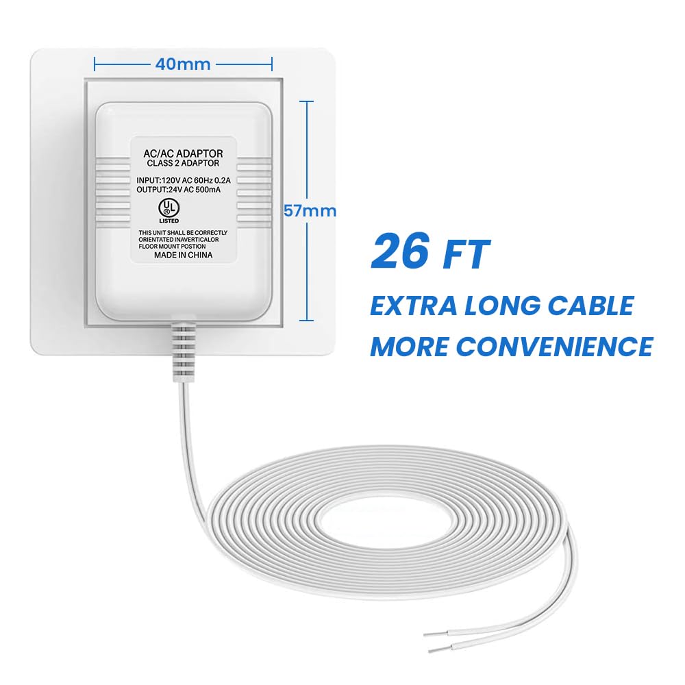 26ft 24V 500mA Doorbell Transformer Compatible with All Ring Versions, Nest, Arlo, Amcrest, Logitech, Wyze, Eufy Doorbells, Thermostats C Wire for Nest, Honeywell, Ecobee, Sensi (UL Certified)
