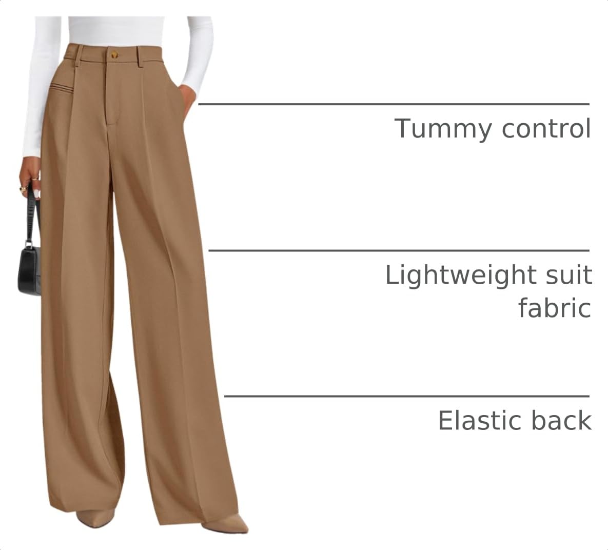 PRETTYGARDEN Women's Tailored Wide Leg Work Dress Pants,Khaki,L