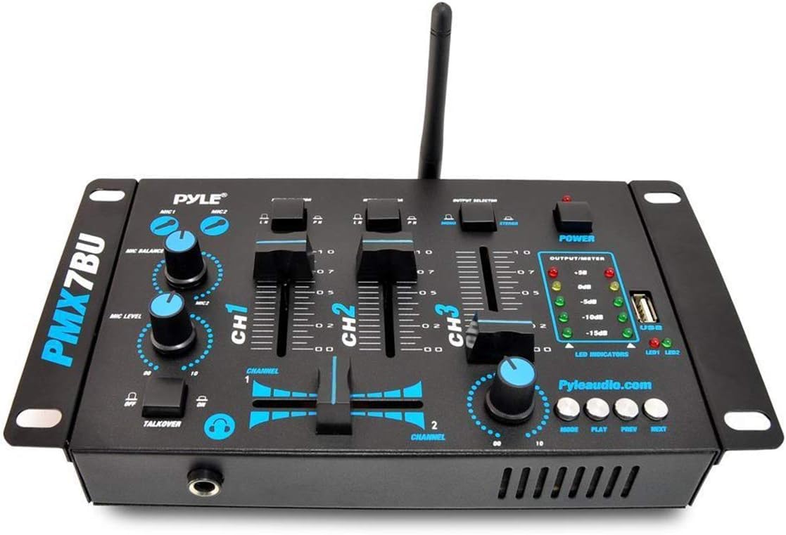 Pyle Wireless DJ Audio Mixer - 3 Channel Bluetooth Compatible DJ Controller Sound Mixer, Mic-Talkover, USB Reader, Dual RCA Phono/Line In, Microphone Input, Headphone Jack, Black - PMX7BU.5