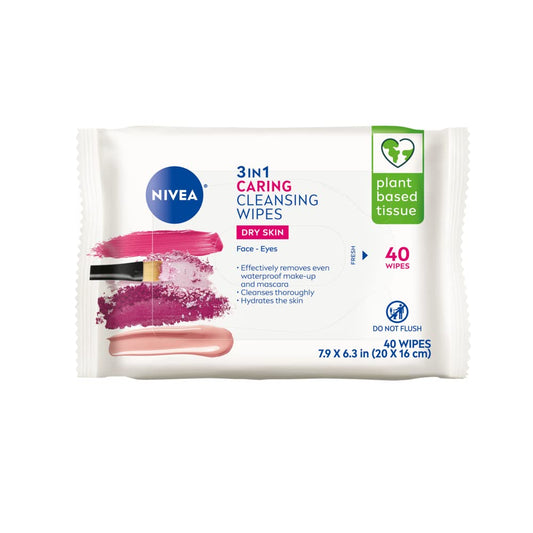 NIVEA 3in1 Caring Cleansing Wipes for Face and Eyes, Effective as a Waterproof Makeup Remover, Gentle Facial Cleanser for Dry and Sensitive Skin, 40 Ct