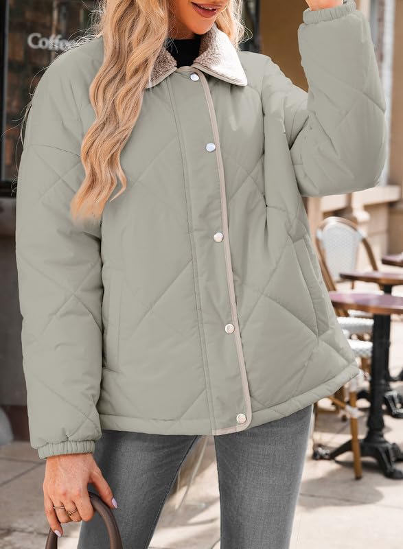 Dokotoo Womens Winter Quilted Jackets for Women 2026 Trendy Warm Puffer Padded Long Sleeve Quilted Outerwear Jacket Casual Thicken Winter Coats with Pockets Grey Large