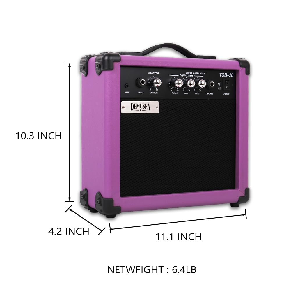Demusea Electric Bass Guitar Amplifier Purple Color 20W Portable Beginner StarterPractice Amp 3.5Mp3 Volume Treble Middle Bass Headphone Jack Home and Outside (Purple Bass)