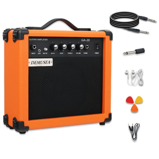 Demusea Electric Guitar Amplifier 20w Guitar amp Orange Color Portable Travel amp Drive gain bass Treble Volume Headphone for Beginner Practice 3m noiseless Cable Pick Adapter Earphone aux Cable in