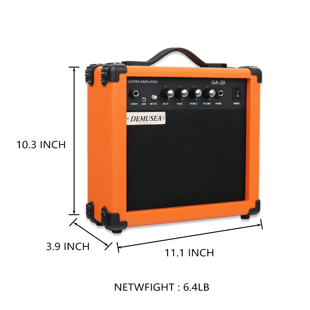 Demusea Electric Guitar Amplifier 20w Guitar amp Orange Color Portable Travel amp Drive gain bass Treble Volume Headphone for Beginner Practice 3m noiseless Cable Pick Adapter Earphone aux Cable in