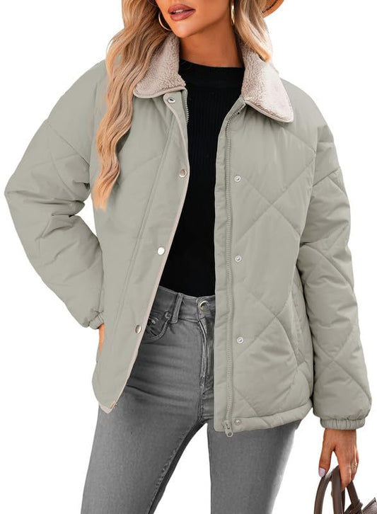 Dokotoo Womens Winter Quilted Jackets for Women 2026 Trendy Warm Puffer Padded Long Sleeve Quilted Outerwear Jacket Casual Thicken Winter Coats with Pockets Grey Large