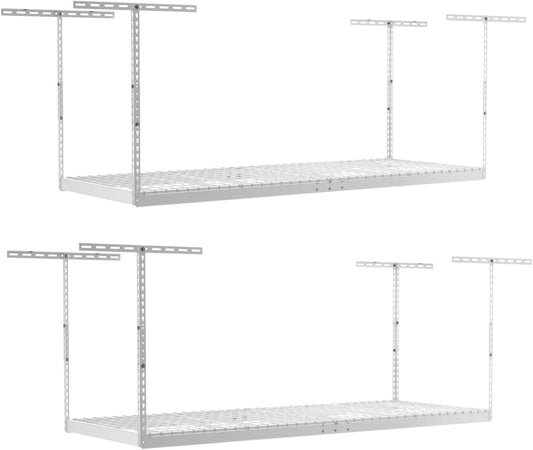 MonsterRax Overhead Garage Storage Racks 3x8’ (2-Pack) Ceiling Mounted Shelving, Adjustable Hanging Organizer, Heavy Duty Steel, Holds 500 Pounds, Color: White, Adjustable from 24"-45" off the Ceiling