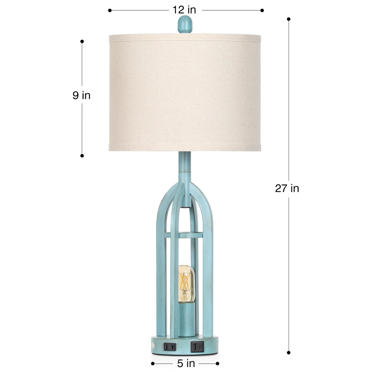 Cinyirong 27" Industrial Farmhouse Table Lamp,Vintage Rustic Blue Beside Lamp with USB A+C Charging Ports & AC Outlet, Metal Nightstand Lamp with LED Night Light for Bedrooms (2 LED Bulbs Included)