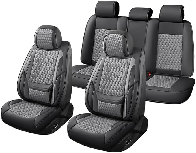 Car Seat Covers Full Set Custom Fit for Saturn Ion 2003-2010 - Premium Faux Leather with Lumbar Support | Breathable, Waterproof, Anti-Slip, Durable (Black&Gray,Full Set)