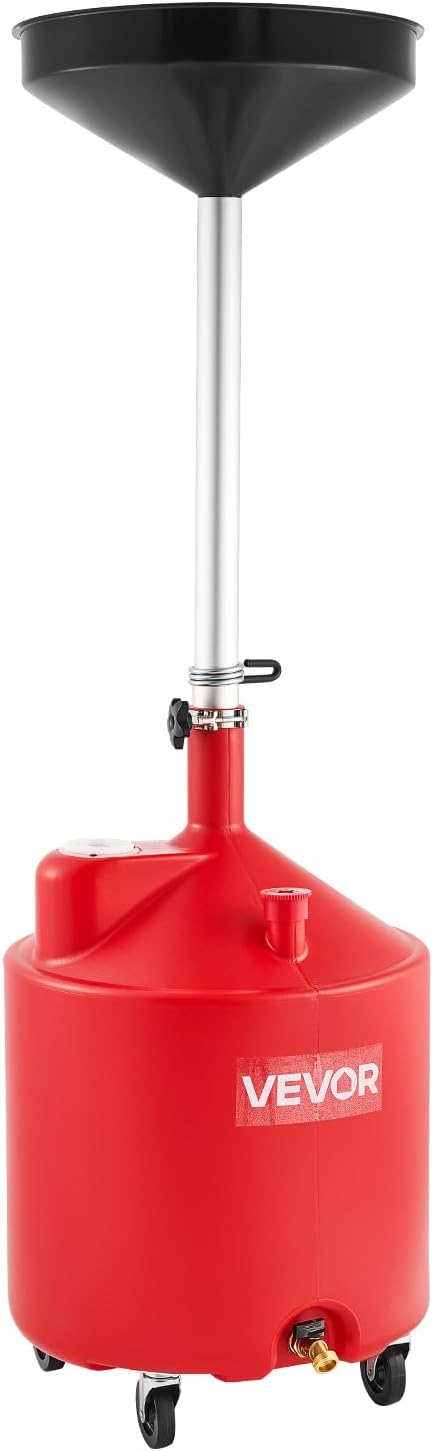VEVOR 18 Gallon Waste Oil Drain Tank, Industrial Fluid Drain Tank with Adjustable Funnel Height, Portable Oil Drainer with Wheels, Fluid Fuel Transfer Drainage for Auto Repair Shops, Garages, Red
