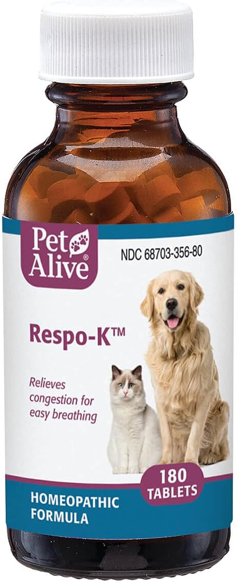 PetAlive Respo-K Tablets - Natural Homeopathic Formula for Pet Respiratory and Cold Symptoms - Reduces Sneezing, Coughing Watery Eyes, Runny Nose and Congestion in Dogs and Cats - 180 Tablets