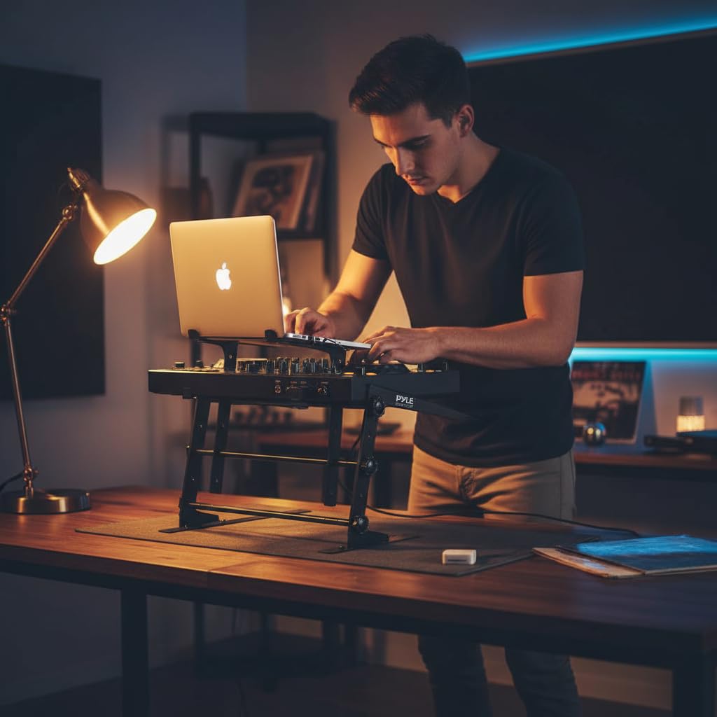 Pyle Portable Dual Laptop Stand - Standing Table with Adjustable Height, Ergonomic Design & Anti-Slip Prongs for DJ Mixer, Sound Equipment, Workstation, Gaming & Home Use - PLPTS38, Black